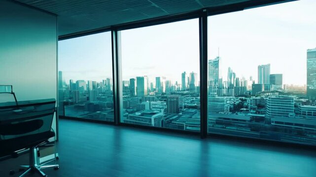 The office is empty and the conference room has a window for the business to work.