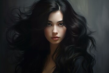 Fototapeta premium Elegant young woman with voluminous, wavy dark hair and striking features