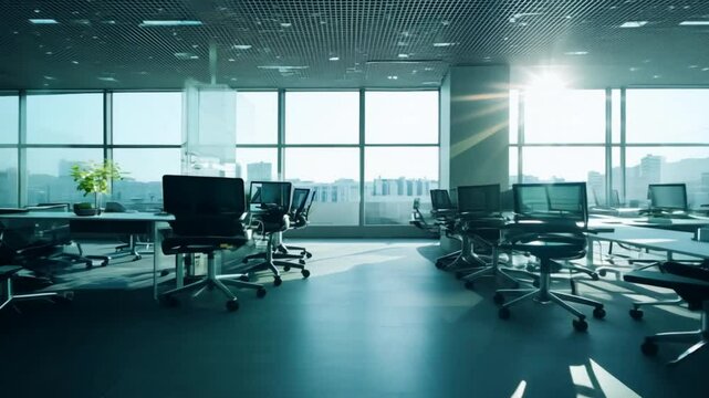 The office is empty and the conference room has a window for the business to work.