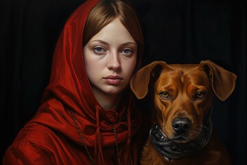 Elegant woman in a red hood poses with her loyal dog against a dark backdrop