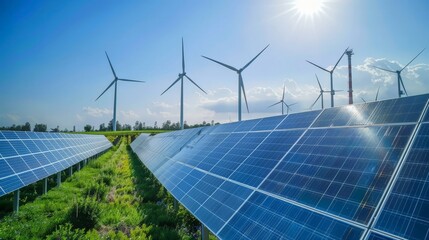 A clean energy power plant with solar panels and wind turbines, showcasing the role of technology in sustainable energy solutions.