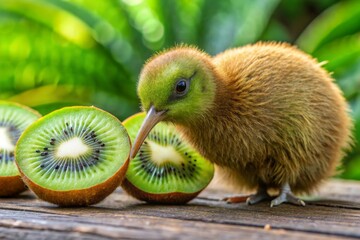 A baby bird is eating a kiwi fruit