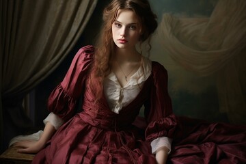 Fototapeta premium Artistic shot of a young woman dressed in elegant historical attire posing with a dramatic backdrop