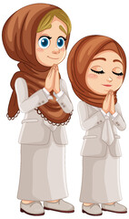 Two girls in traditional Muslim attire praying