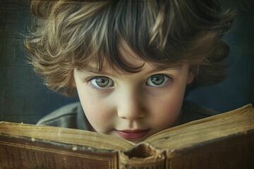 Close up of attractive child reading a book while looking at camera. Elementary student holding fairy tale novel book or bedtime stories with blurring background. Creative activity concept. AIG42. © InfiniteFlow