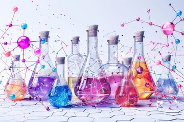 Abstract composition of chemistry flasks with orange liquids on a vibrant blue background, capturing the essence of scientific discovery and modern design.