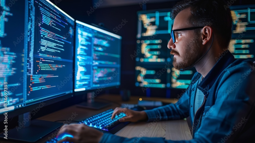 Poster A cybersecurity expert working on a computer, analyzing threats and protecting data, highlighting the importance of security in the digital age.