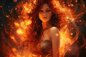 Digital art portrait of a mystical woman surrounded by fiery elements, exuding fantasy and magic