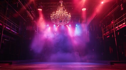 A main stage with a large ominous chandelier hanging above illuminating the space with an eerie glow