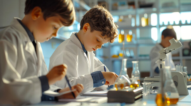 Students in white lab coats conduct experiments in chemistry. Three young people are in a scientific laboratory and are working on a project