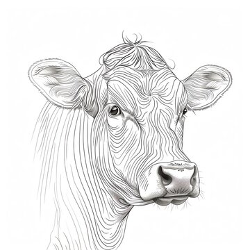 recommend clip art: A realistic line art style image of a cow on a white background