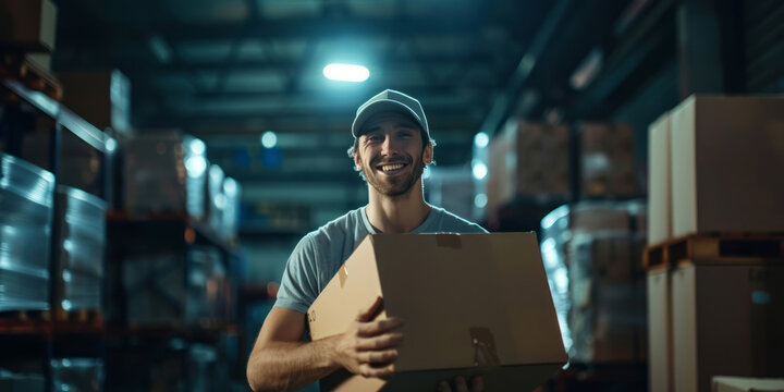 A delivery man smiles while holding a cardboard box in a dimly lit warehouse, with boxes stacked in the background.