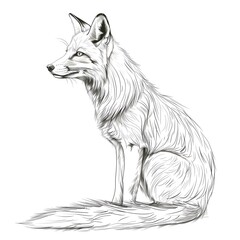 A realistic line art style image of a fox on a white background