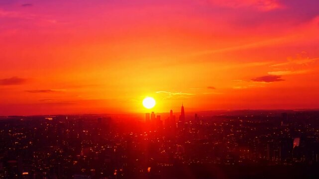 Breathtaking orange and red sunset paints the sky over a city with mountains silhouetted in the distance