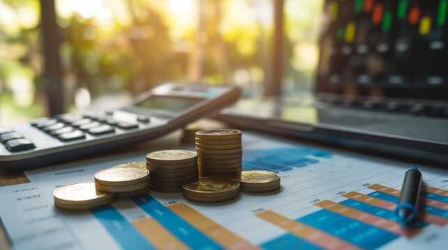 Calculator, pen, and coins on desk