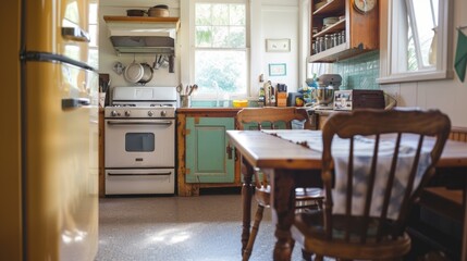 This kitchen is a throwback to simpler times. With a vintage fridge and stove as well as a quaint dinerstyle table and chairs its like stepping into a different era.