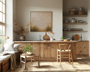 mock up wall art painting on the wall in the room with minimal cozy wabi sabi farmhouse decor, interior design with neutral color theme