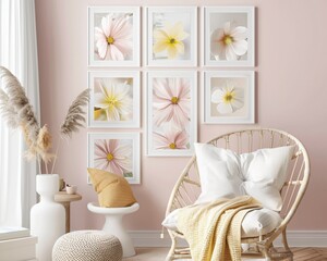 mock up  botanical flower wall art painting on the wall in the room with minimal cozy decor, interior design with pastel pink color theme