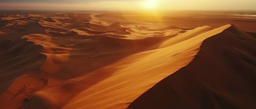 Beautiful nature landscape. Aerial view of the sand dunes. Sand dunes in the desert during sunset. 