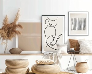 mock up wall art painting on the wall in the room with minimal cozy wabi sabi farmhouse decor, interior design with neutral color theme