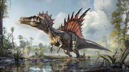 Fierce Spinosaurus Stalking Through Primordial Swamp Gritty Realism High Contrast