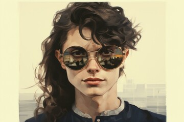 Digital artwork of a fashionable woman donning reflective sunglasses with curly hair