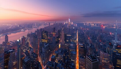 Obraz premium A breathtaking aerial view of a bustling cityscape at dusk with illuminated skyscrapers, glowing streets, and a colorful horizon in the background.