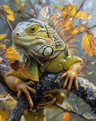 Fototapeta premium Green iguana perched on a tree branch amidst autumn leaves, showcasing its detailed textured scales and spines.