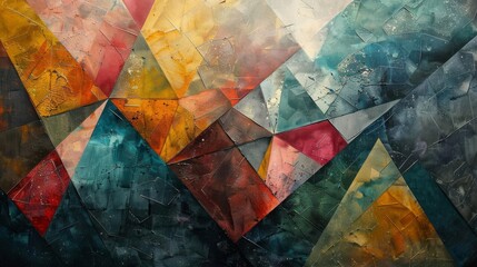 Vibrant abstract geometric painting with colorful intersecting shapes and textured patterns, ideal for modern home decor or office art.