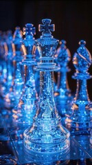 Close-up of a glass chess set illuminated by blue lights, highlighting the intricate details of the king piece and other chess figures.