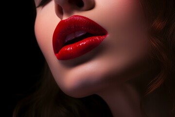 Obraz premium Close-up of a woman's sensual red lips with shiny lipstick, showcasing the detailed beauty and seductive allure of her facial feature