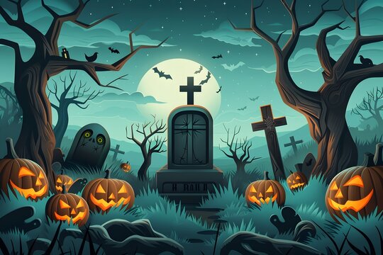 Spooky graveyard at night with jack-o'-lanterns, bats, and a full moon under a starry sky. - Powered by Adobe