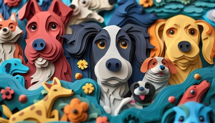 Fototapeta premium Colorful clay art of various dogs in vibrant hues, capturing details in a whimsical style.