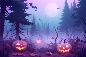 Fototapeta premium Spooky forest with glowing jack-o'-lanterns, misty atmosphere, and full moon in night sky