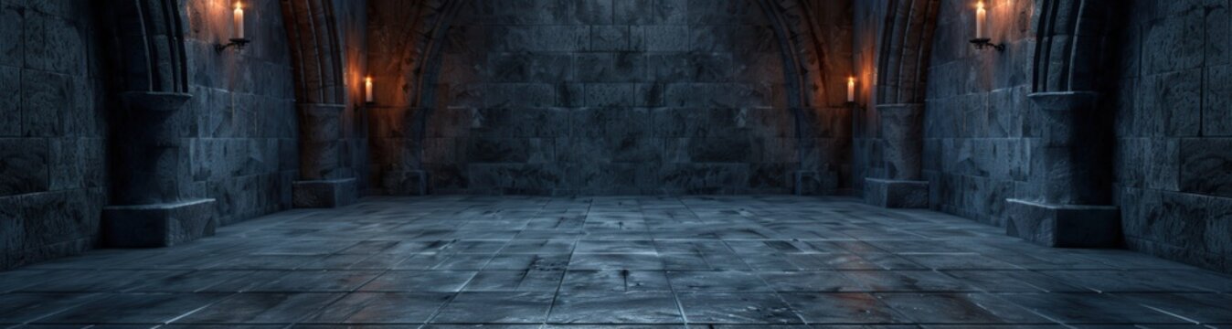 Mysterious medieval castle interior with candlelight