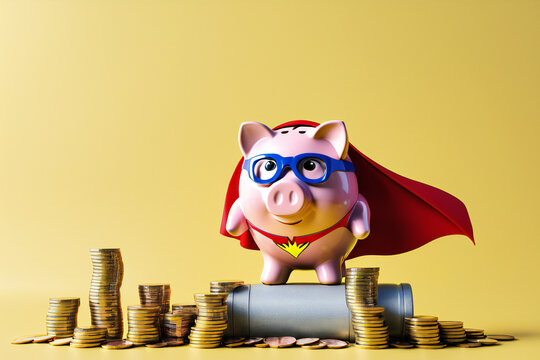 Superhero piggy bank with coins. save money and become a hero concept.