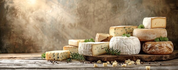 A variety of artisanal cheeses arranged on a wooden board against a rustic backdrop, highlighting texture and gourmet appeal. Perfect for culinary presentations.