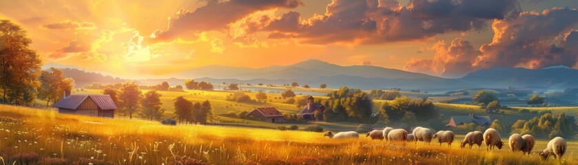 Fototapeta premium Tranquil countryside scene at sunset with a flock of sheep grazing on a golden meadow, rolling hills, and a distant farmhouse under a vibrant sky.
