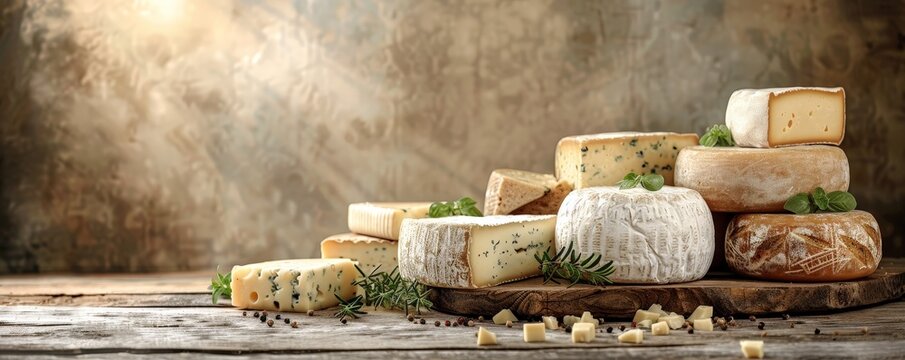 A variety of artisanal cheeses arranged on a wooden board against a rustic backdrop, highlighting texture and gourmet appeal. Perfect for culinary presentations.