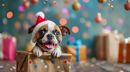 Adorable puppy wearing a Santa hat popping out of a wrapped gift with colorful presents and confetti in the background.