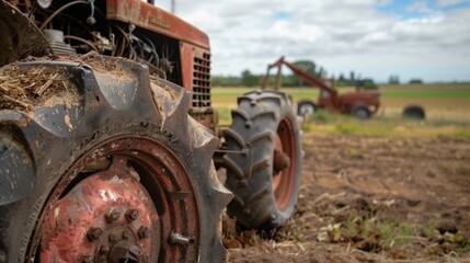 A rusted tractor its tires sunken into the soft ground sits idle in a field a stark contrast to the lively busy machinery of a functioning farm.