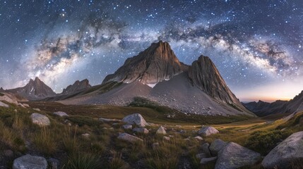 A remote mountain range with rugged peaks and expansive meadows, under a clear, star-filled sky.