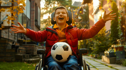 A disabled boy in a wheelchair caught a soccer ball and threw his hands up in a fit of happiness. The concept of joy when a boy enjoys playing with a ball