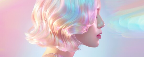 Profile of a person with vibrant pastel hair and soft lighting, conveying a dreamy and ethereal aesthetic, perfect for modern design usage.