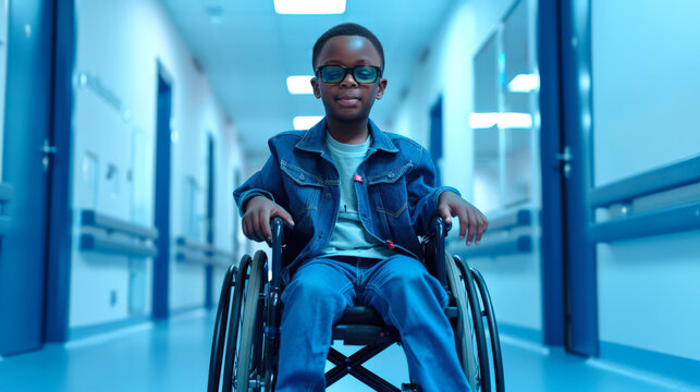A little black disabled boy in a wheelchair is sitting in the hospital corridor. He's wearing glasses and a blue denim jacket. He is sitting waiting for the results of his tests