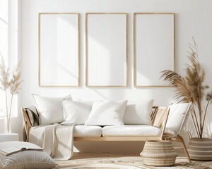 mock up empty picture frame wall art painting on the wall in the room with minimal cozy wabi sabi farmhouse decor, interior design with neutral color theme