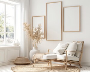 mock up empty picture frame wall art painting on the wall in the room with minimal cozy wabi sabi farmhouse decor, interior design with neutral color theme