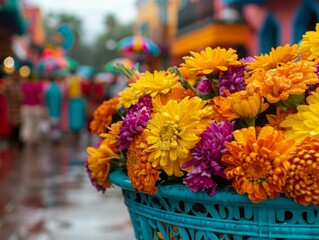 Fototapeta premium Vibrant Flowers in a Blue Pot on a Rainy Day.
