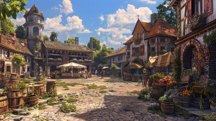 A rustic European village square with a centuries-old market hall, surrounded by cobblestone streets and historic townhouses.