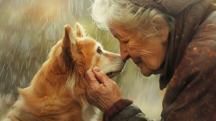 Kindly Senior Petting Affectionate Puppy in Rustic Countryside Setting with Soft Natural Lighting